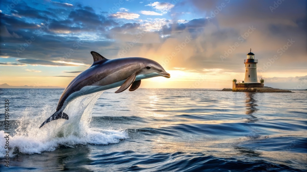 Fototapeta premium A playful dolphin leaps gracefully over the waves at sunset, a beacon of light in the distance