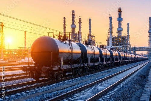 A train carrying black tankers moves along tracks near an industrial facility, with a vibrant sunset casting warm colors in the background.