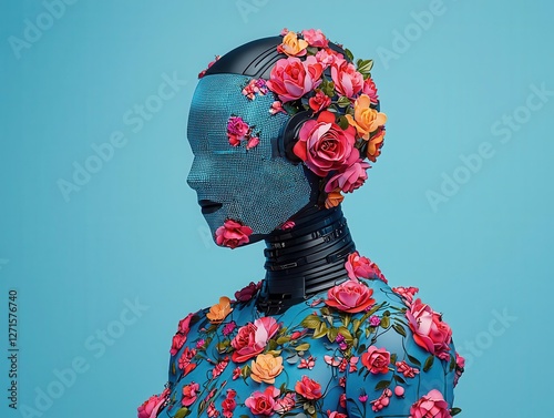 A humanlike android wearing a floralpatterned LED dress, blending fashion and technology
