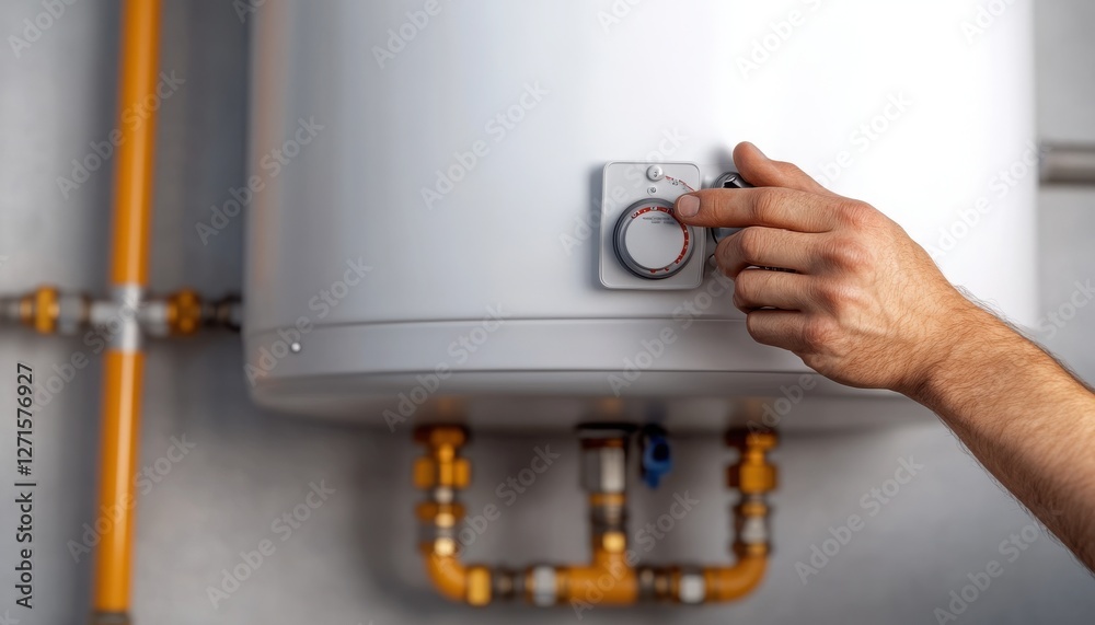 A technician adjusting the temperature on a modern water heater, showcasing technical skills and home maintenance. A technician adjusting the temperature on a modern water heater, showcasing technical skills and home maintenance.