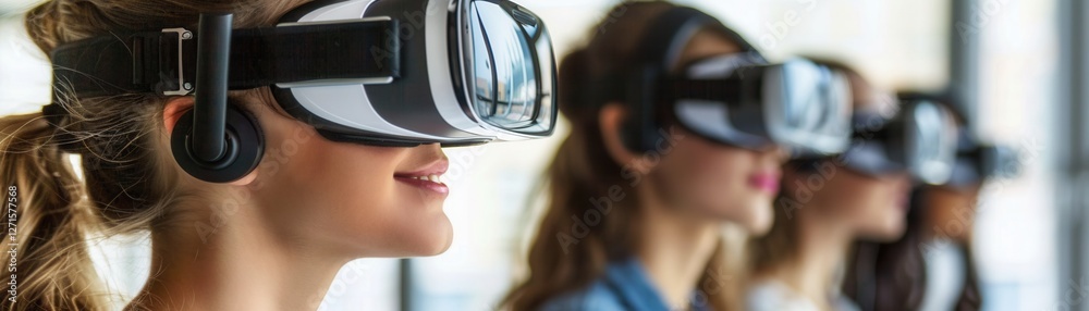 A group of individuals wearing virtual reality headsets, engaged in an immersive experience, showcasing technology and modern interaction. A group of individuals wearing virtual reality headsets, engaged in an immersive experience, showcasing technology and modern interaction.