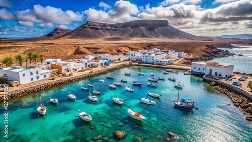 Aerial View of La Caleta del Sebo Harbor, Graciosa Island, Canary Islands, Spain photo