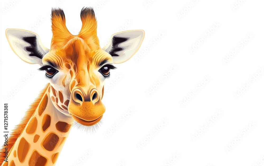 Fototapeta premium A close-up portrait of a cheerful giraffe against a white background, showcasing its features