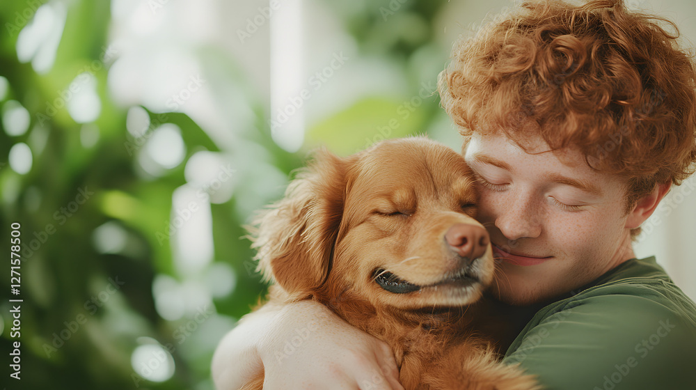 A red-haired man hugs a red dog in an apartment with a cozy, warm atmosphere, showcasing the bond between human and pet in a comfortable living space.
