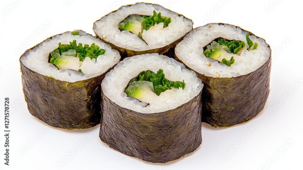 Fresh Vegan Sushi Rolls with Cucumber and Greens on White Background Fresh Vegan Sushi Rolls with Cucumber and Greens on White Background