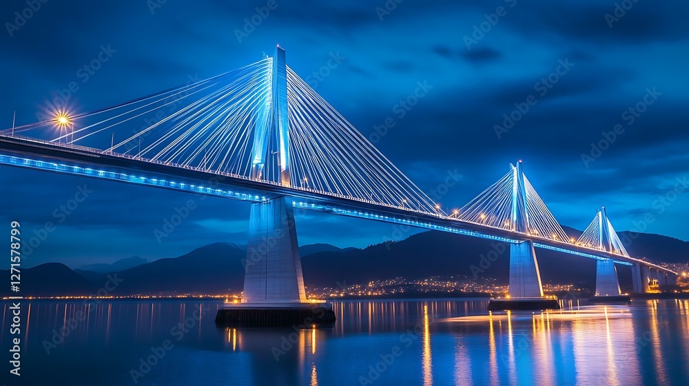Night view of illuminated cable-stayed bridge over water, city lights in background; ideal for travel brochures. Night view of illuminated cable-stayed bridge over water, city lights in background; ideal for travel brochures.