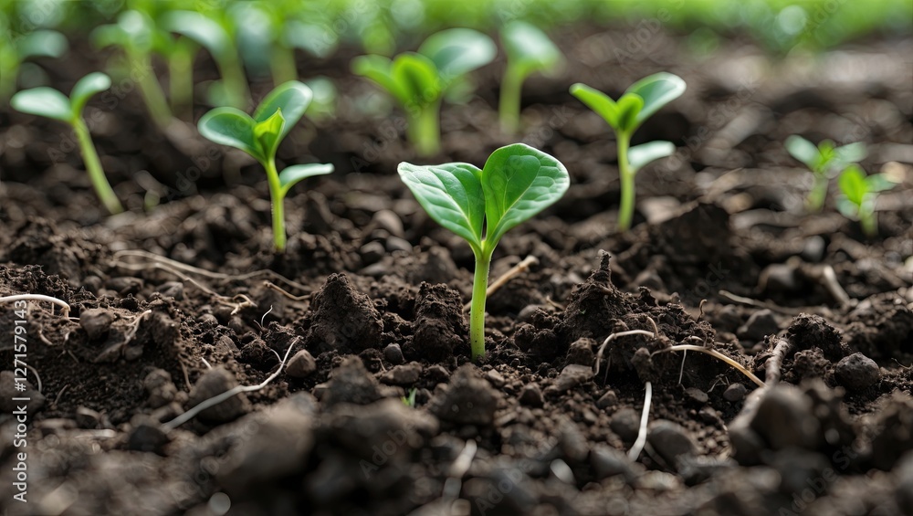 Close-up of young plants emerging from rich, dark soil in a garden, symbolizing growth and new beginnings Close-up of young plants emerging from rich, dark soil in a garden, symbolizing growth and new beginnings