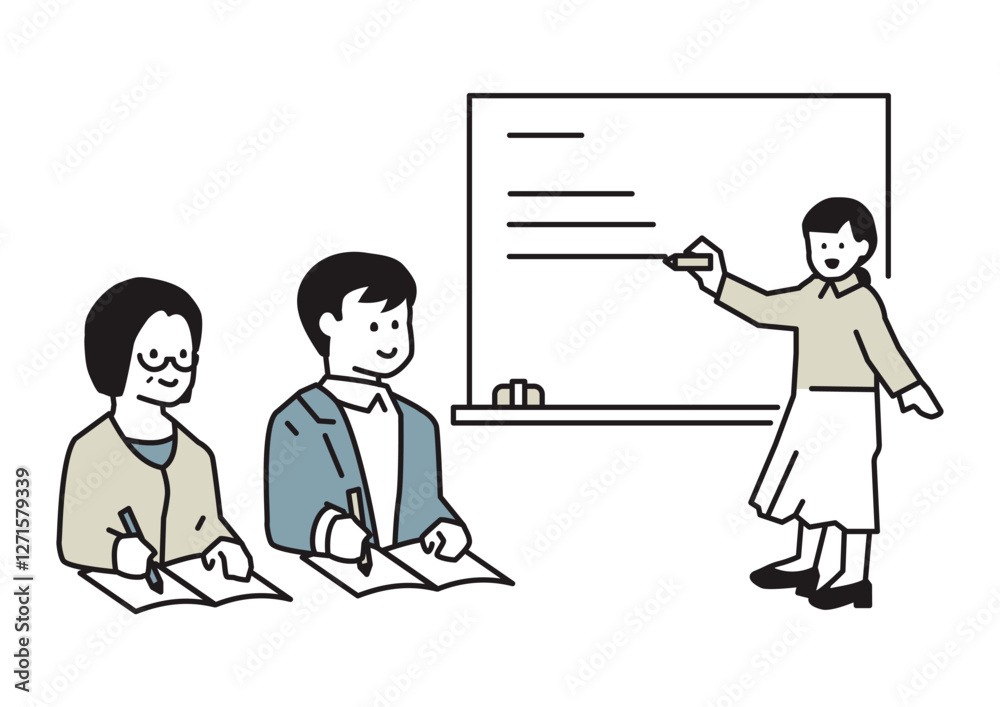 Illustration of a woman explaining on a whiteboard and someone taking notes