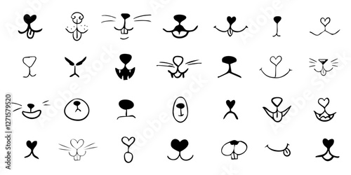 Pet mouth comic cute line doodle drawing. Set lips, noses and whiskers animal characters. Funny heart nose, hand drawn faces.