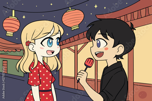  Digital drawing of a couple sharing a lollipop under a night sky, anime style, vibrant colors, detailed shading, soft lighting, warm and cozy atmosphere, the girl has long blonde hair, blue eyes, a