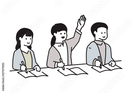 Illustration of people taking notes and raising their hands during a lecture or explanation