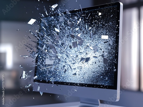 Shattered computer screen displaying error messages embodies the stress of modern technology challenges. Generative AI