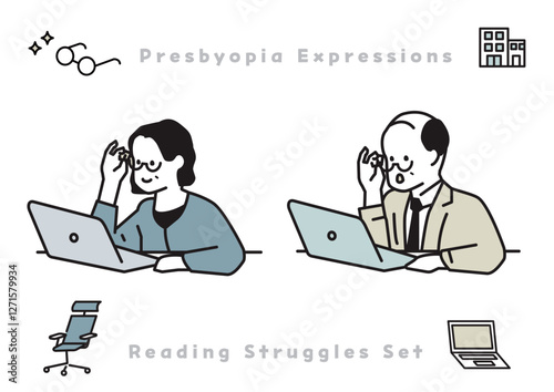 Illustration set of two men and women with presbyopia and their icons