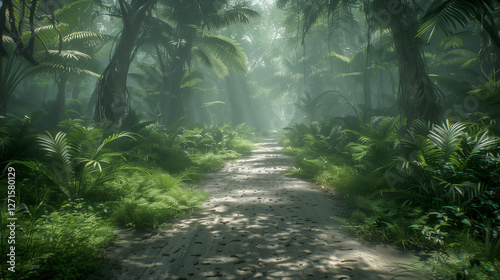 Mysterious Jungle Path with Sunlight Beams