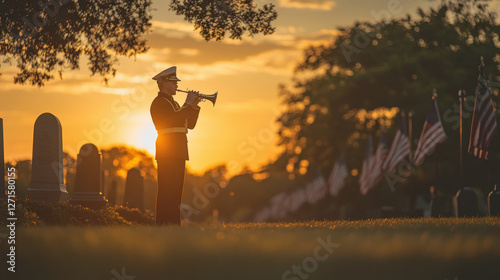 Solemn Military Bugler Playing Taps at Memorial Day Cemetery Ceremony with Flags Waving in Background photo