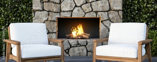 A cozy outdoor seating area featuring two white chairs and a warm fire set against a stone backdrop with greenery.