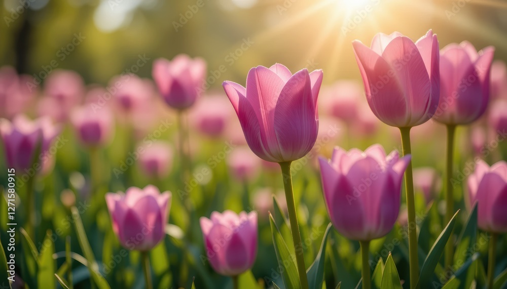 Beautiful Field of Pink Tulips Under Soft Morning Sunlight in a Lush Green Landscape Beautiful Field of Pink Tulips Under Soft Morning Sunlight in a Lush Green Landscape