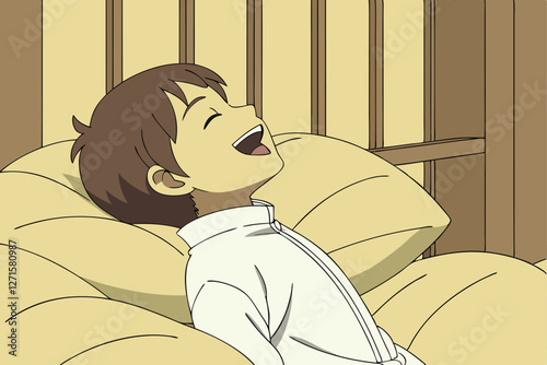  Anime-style illustration of a young boy with short brown hair, wearing a white long-sleeved shirt, lying on a large pile of soft, fluffy yellow pillows. The boy is laughing joyfully, with his eyes 