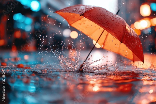 Red umbrella falling into puddle splashing water on rainy city street