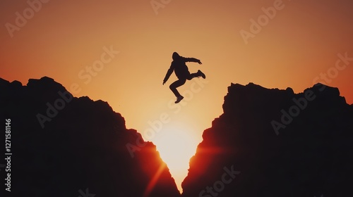 Wallpaper Mural Silhouette of a person leaping across a gap between two rocky cliffs against a bright sun, symbolizing courage, risk-taking, and personal growth. Torontodigital.ca