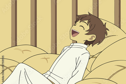  Anime-style illustration of a young boy with short brown hair, wearing a white long-sleeved shirt, lying on a large pile of soft, fluffy yellow pillows. The boy is laughing joyfully, with his eyes 