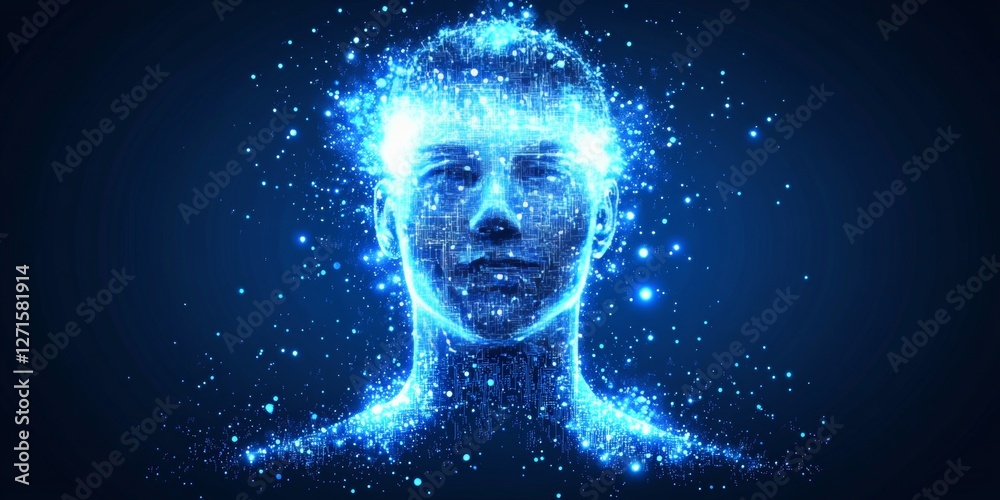 Glowing Digital Brain Of Blue Light Tech Innovation, Biometrics And Cyber Security Concepts. Glowing Digital Brain Of Blue Light Tech Innovation, Biometrics And Cyber Security Concepts.