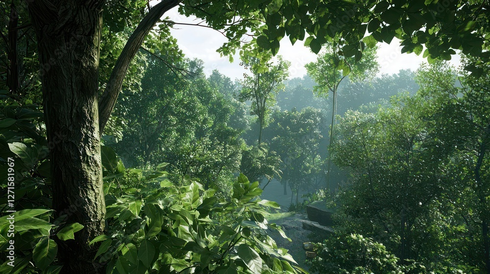 Naklejka premium Lush Green Tropical Jungle Forest With Sunlight Streaming Through Dense Canopy
