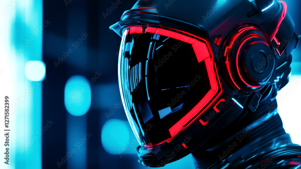 Futuristic astronaut helmet with neon lights in dark sci fi environment technology exploration concept Futuristic astronaut helmet with neon lights in dark sci fi environment technology exploration concept