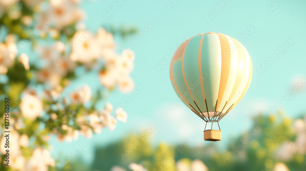 Obraz premium Vintage hot air balloon floating among soft pastel flowers in serene landscape dreamy travel concept