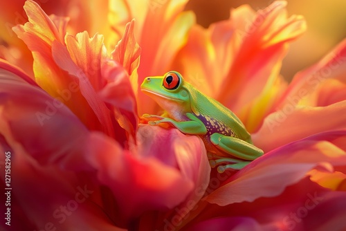 Vibrant green frog perched on a colorful flower during Wildlife Day celebration in a sunny garden