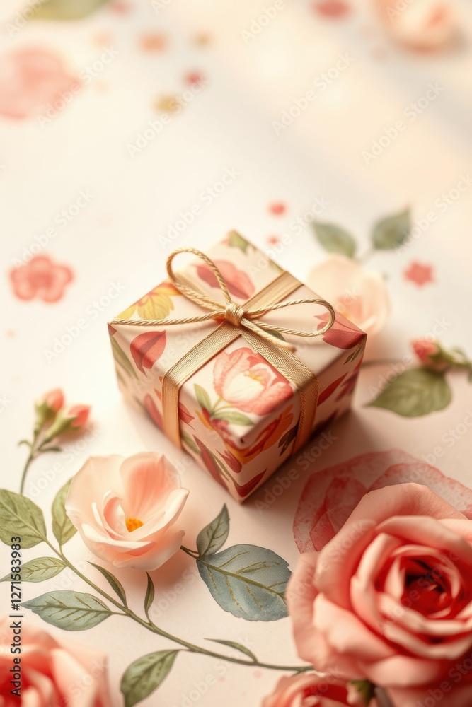 Floral gift box wrapped with ribbon surrounded by scattered pastel-colored flowers on a white background. Floral gift box wrapped with ribbon surrounded by scattered pastel-colored flowers on a white background.