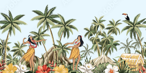 Hawaiian girls, toucan, hibiscus flower, orchid, palm tree, banana tree, palm leaves, island seamless border. Jungle wallpaper.