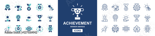 winner prize trophy cup award icon set competition winning reward first place success achievement medal ribbon emblem signs vector line illustration