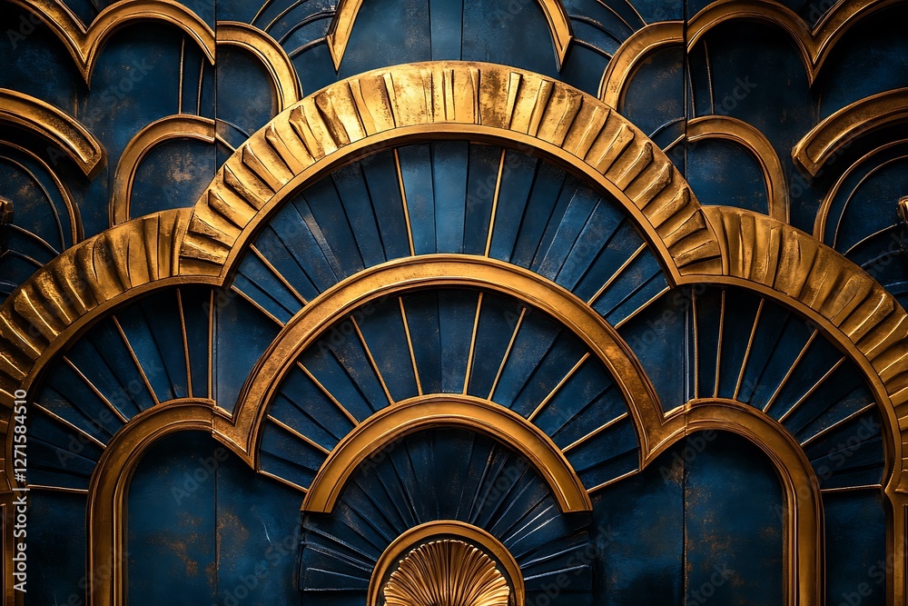 Fototapeta premium Ornate blue and gold wall design featuring art deco arches and sunburst patterns