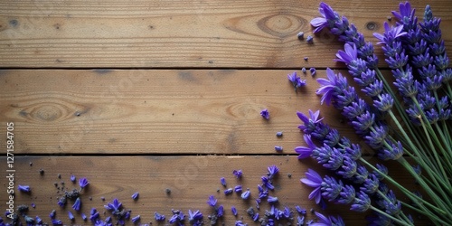 Rustic Wooden Background Decorated with a Bountiful Arrangement of Lavender Flowers and Scattered Petals