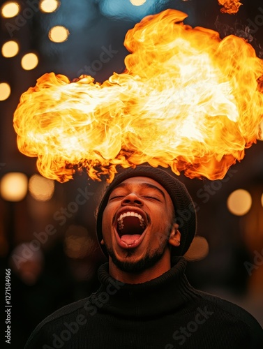 A man expresses joy with fire art, showcasing vibrant flames and energetic passion.