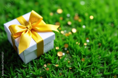 A celebratory white gift box adorned with a vibrant yellow ribbon, nestled amongst lush green grass and shimmering gold confetti.