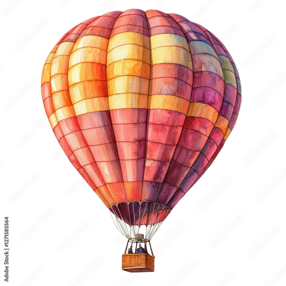 Fototapeta premium Colorful watercolor illustration of a hot air balloon soaring above with a vibrant striped pattern in shades of orange and pink
