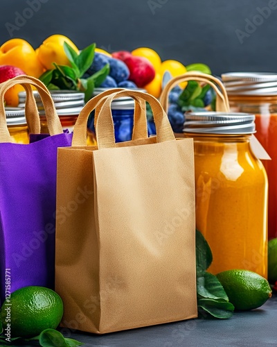 Vibrant Market Scene with Reusable Bags and Fresh Produce