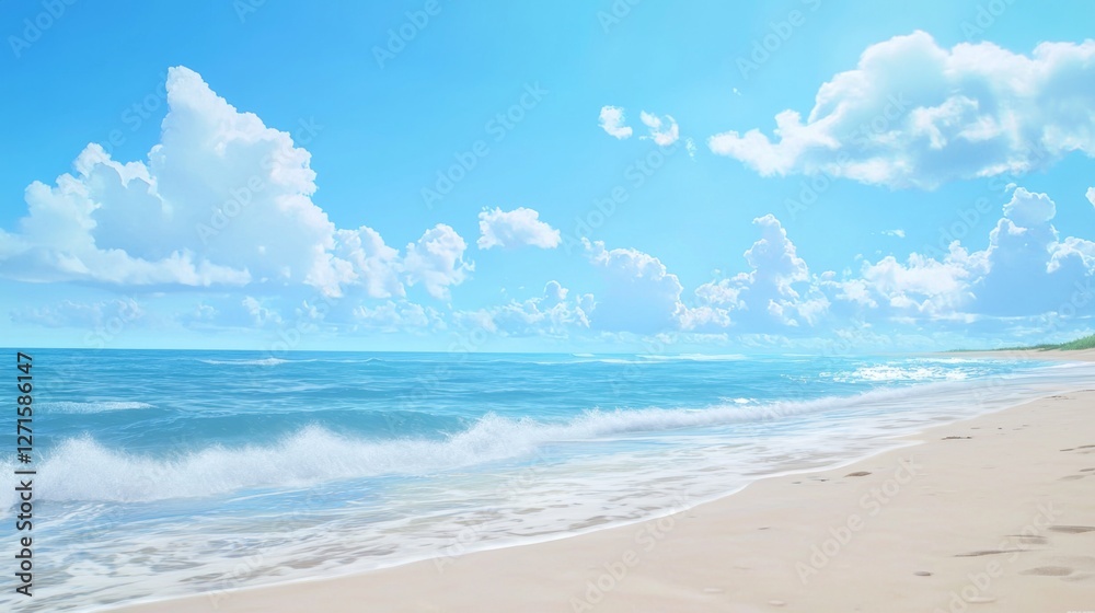Fototapeta premium Serene Seascape with Gentle Waves and Bright Clouds Under a Clear Blue Sky at Tropical Beach