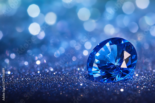 A dazzling close-up of a brilliant blue sapphire gemstone resting on a glittering surface. The deep blue hues, faceted reflections, and dreamy bokeh lights create an atmosphere of elegance and luxury.