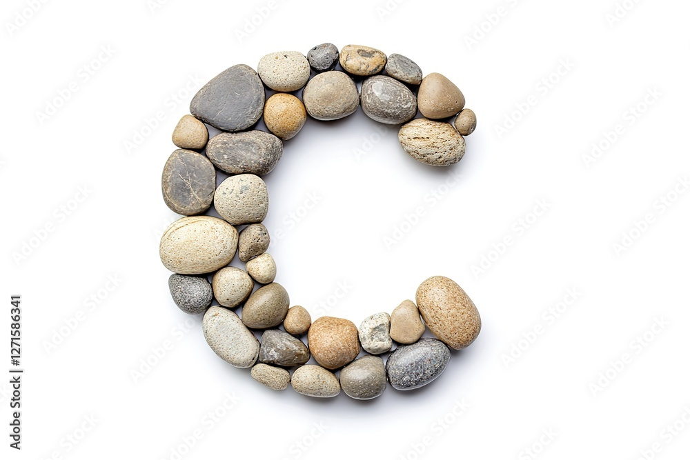 Elegant Pebble Letter C: A Unique, Natural Alphabet Design. Perfect for branding, logos, invitations, websites, and crafting projects. High-resolution image of a letter C formed with smooth, white Elegant Pebble Letter C: A Unique, Natural Alphabet Design. Perfect for branding, logos, invitations, websites, and crafting projects. High-resolution image of a letter C formed with smooth, white