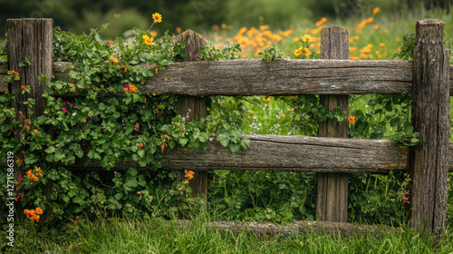 A rustic wooden fence adorned with climbing ivy and wildflowers in a countryside setting —ar 16:9  photo