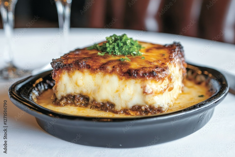 A large serving of lasagna, with gooey layers of cheese, sauce, and pasta sheets