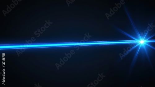 Abstract blue light streak and lens flare on black background.