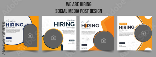 Join our team banners. We are hiring communication poster, help wanted advertising banner with speaker and vacant badge. Hr recruiting hire, vacancy job offer isolated vector signs set