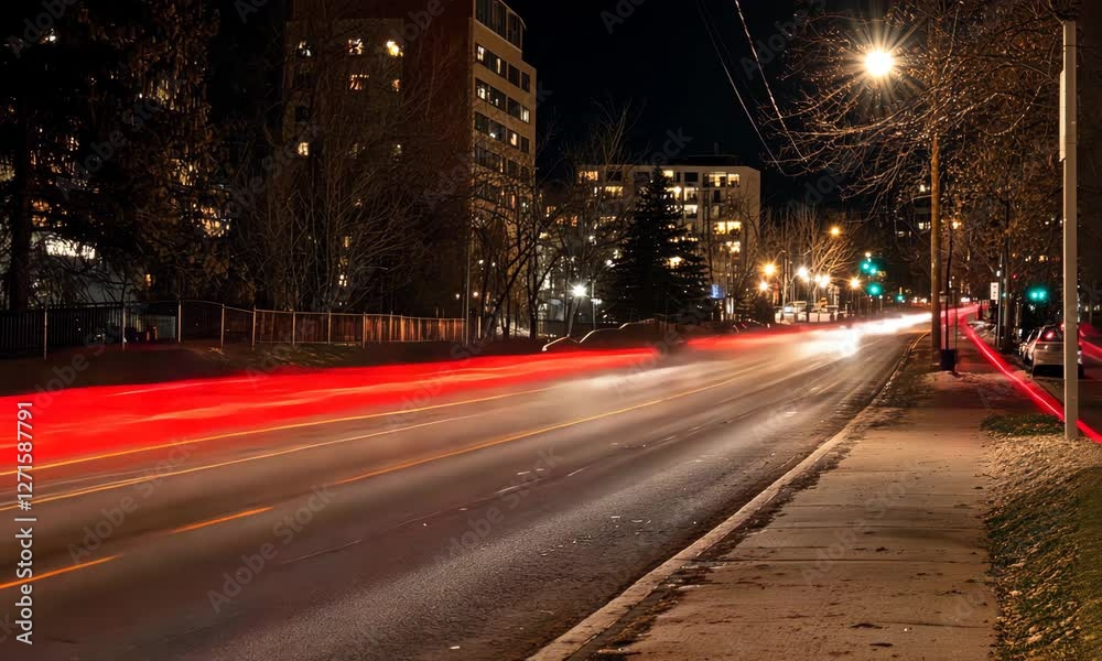This image captures vibrant light trails from moving cars on a city street at night, showcasing the dynamic energy of urban life and traffic patterns.
