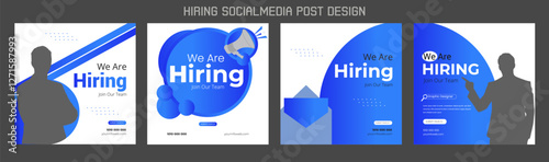 Join our team banners. We are hiring communication poster, help wanted advertising banner with speaker and vacant badge. Hr recruiting hire, vacancy job offer isolated vector signs set