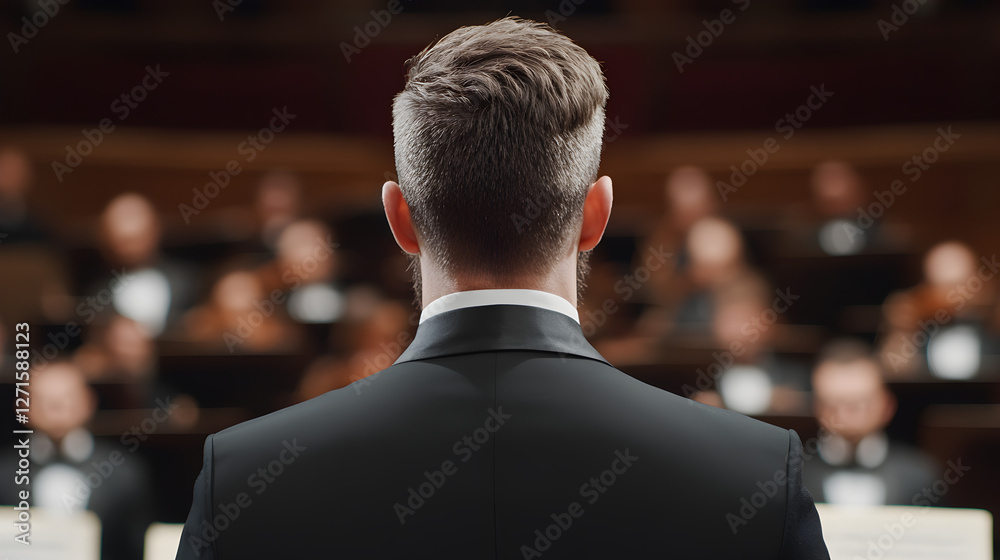 Conductor leading orchestra close-up photography in an artistic concert hall setting Conductor leading orchestra close-up photography in an artistic concert hall setting