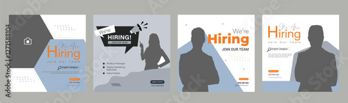 Join our team banners. We are hiring communication poster, help wanted advertising banner with speaker and vacant badge. Hr recruiting hire, vacancy job offer isolated vector signs set